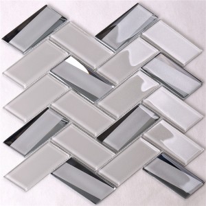 Azulejos templados de espiga de vidrio beige beige cocina contra salpicaduras