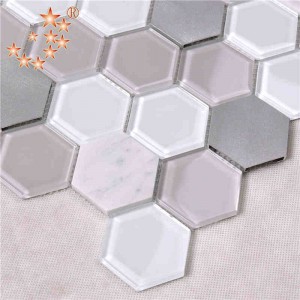 El último diseño de la cocina y el baño Decoración de interiores Waterjet Hexagonal Vidrio de metal Mezclado piso de mármol azulejo mosaico