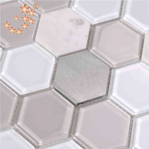 El último diseño de la cocina y el baño Decoración de interiores Waterjet Hexagonal Vidrio de metal Mezclado piso de mármol azulejo mosaico