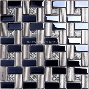HDT01 12x12 Patrón Cuadrado Galvanoplastia Negro Brillante y Astilla Pared de Mosaico de Vidrio Iridiscente Azulejos Decorativos