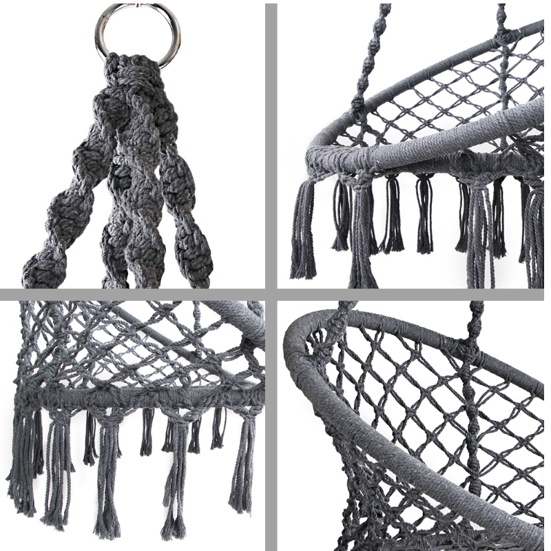 Silla colgante de uso exterior para exteriores, en macramé, para adultos o niños, 100% silla de hamaca de algodón portátil hecha a mano en gris