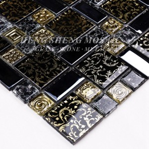 HDT02 Arabesque Nuevo diseño Línea de oro Laminado Arte en vidrio negro Flor Azulejos de mosaicos para cocina Backsplash Wall