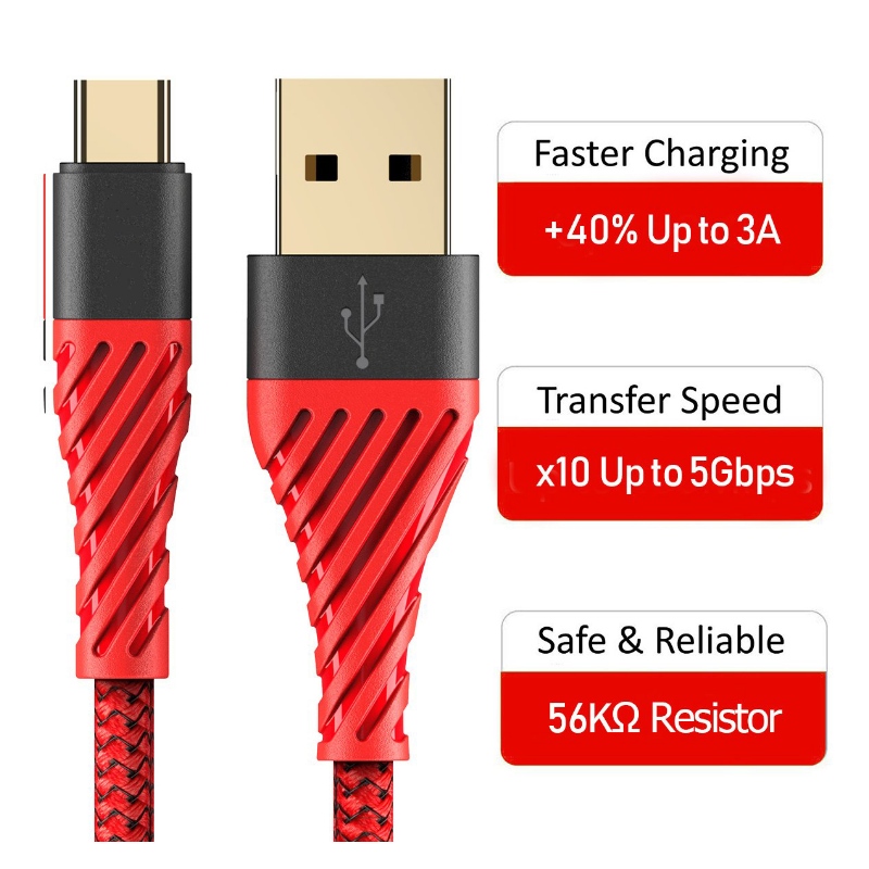 Cable USB C 3.0, cable USB Tipo C Carga rápida Cable USB a teléfono móvil para Samsung Galaxy S8, S9 Plus, Nota 8, LG v20, G6, G5, v30, Google Pixel 2 XL, Nexus 6-3 Pack rojo