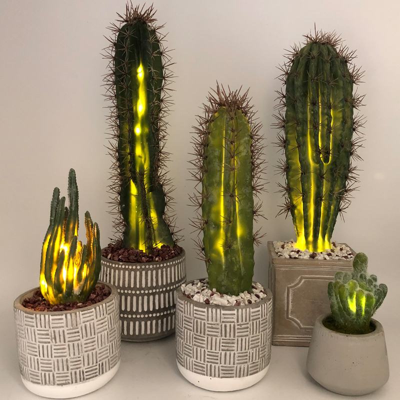 Cactus artificial LED en maceta de vidrio decorativa falsa decoración suculenta