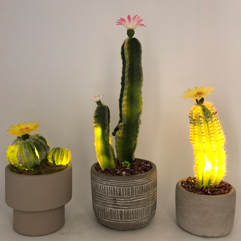 Cactus artificial LED en maceta de vidrio decorativa falsa decoración suculenta