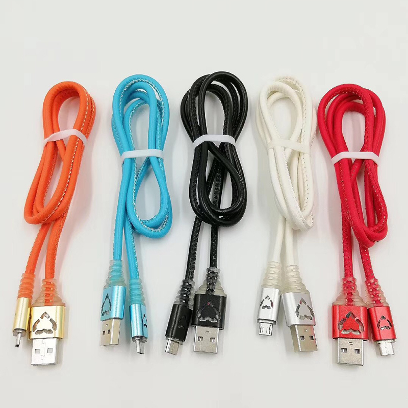 Cuero de PU LED Carcasa redonda de aluminio de carga rápida Cable USB para micro USB, tipo C, carga y sincronización de rayos de iPhone