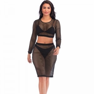 Sexy Sheer Black Mesh mangas largas escote redondo Top corto y falda Conjunto de lencería de ropa de noche N18973