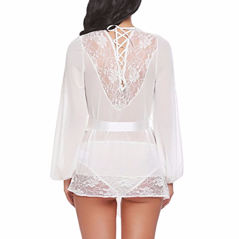 Sexy Sheer Mesh Lace-up Detail Ropa de dormir Lace Trim Self-tying Thin Nightgown Albornoz lencería con faja N18925