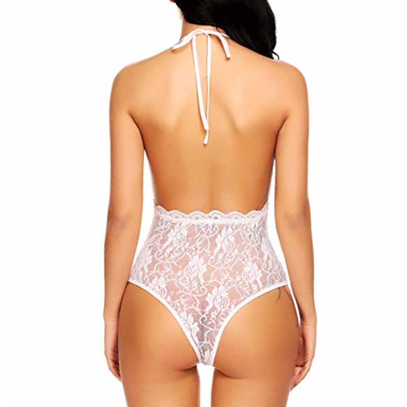 Sexy Halter de encaje floral transparente Body de corte bajo Peluches Ropa de dormir Lencería N18931