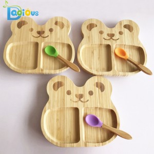 Eco-Friendly Reutilizable Barato Bamboo Kids Plates Toddler Bamboo Spoons Silicone Baby Plate de madera para bebés
