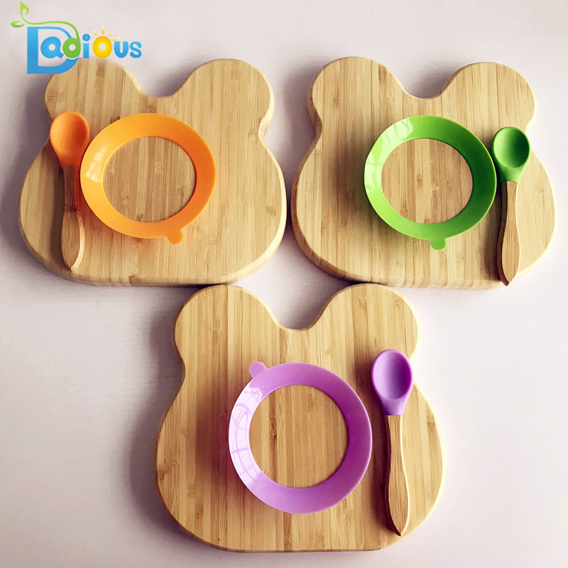 Eco-Friendly Reutilizable Barato Bamboo Kids Plates Toddler Bamboo Spoons Silicone Baby Plate de madera para bebés