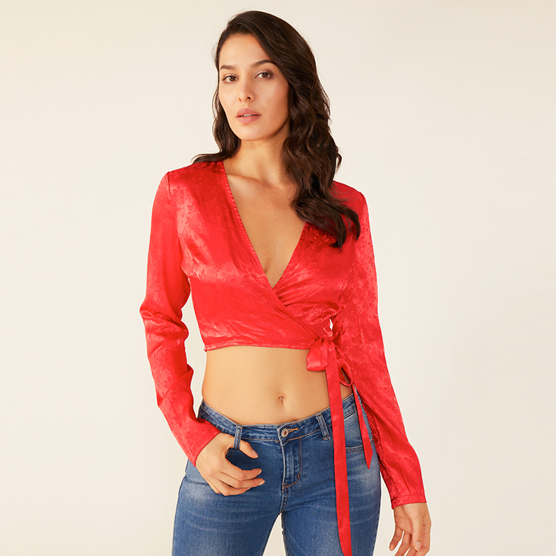 Mujeres damas casual verano rojo tie-up sexy estampado floral top blusa ropa oem