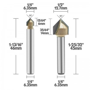 Broca de ranura en V de 90 grados, broca de grabado de carburo de titanio con recubrimiento de titanio, 2 flautas, cortador de bisel de chaflán para trabajar la madera, vástago de 1/4 de pulgada