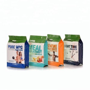 Fabricante 1 kg Suplementos de proteínas de fondo plano Bolsa de bolsa con ventana transparente Bolsa de caja de bolsa de fondo cuadrado con tapa de cremallera