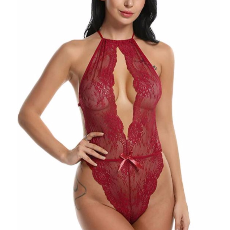 Lencería sexy para mujer Teddy One Piece Lace Babydoll Body Rose-team