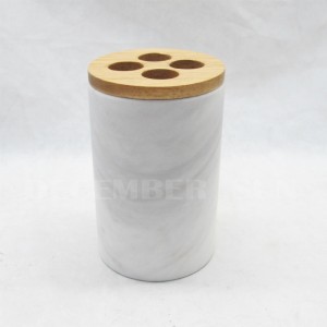 Juego de accesorios de baño de mármol blanco con piezas de madera