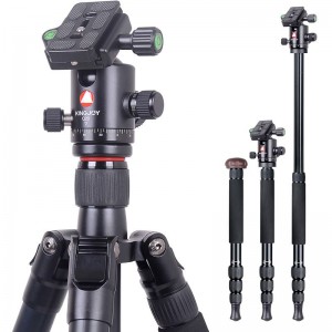 Kit de trípode de viaje Kingjoy, trípode de cámara de video de aluminio con cabezal de arrastre panorámico fluido, columna central, ángulo de pierna ajustable, compatible para grabación de video Canon Nikon DSLR