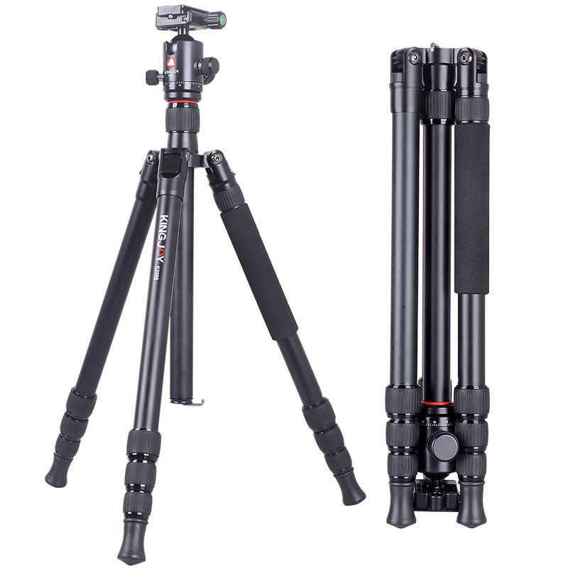 Kit de trípode de viaje Kingjoy, trípode de cámara de video de aluminio con cabezal de arrastre panorámico fluido, columna central, ángulo de pierna ajustable, compatible para grabación de video Canon Nikon DSLR