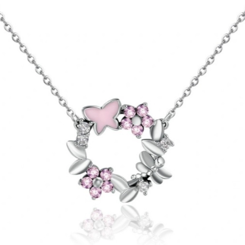 Colgante de plata de ley 925 con circonitas rosadas y corazón de mariposa rosa dorado suave