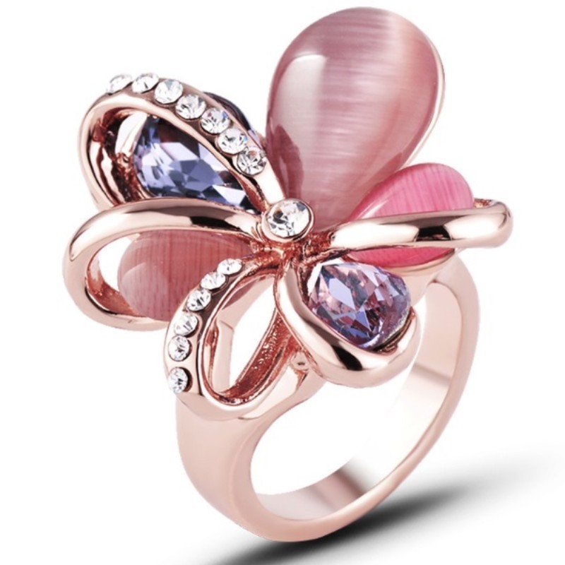 Suave rosa oro rosa circonia cúbica flor piedra de nacimiento anillos de compromiso de piedras preciosas para mujeres
