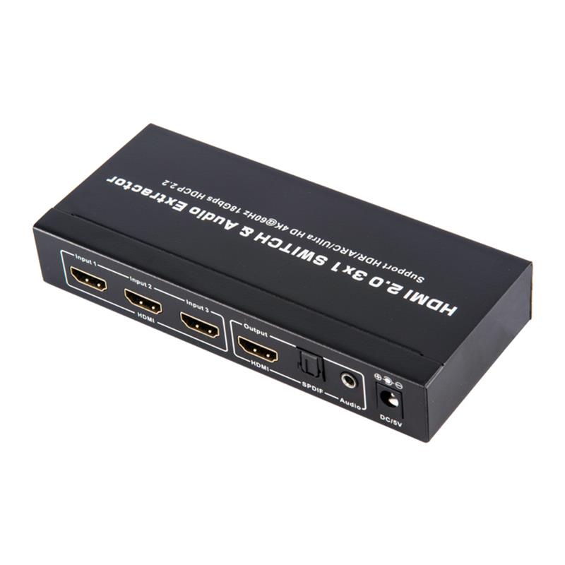 Conmutador V2.0 HDMI 3x1 y extractor de audio compatible con ARC Ultra HD 4Kx2K @ 60Hz HDCP2.2 18Gbps