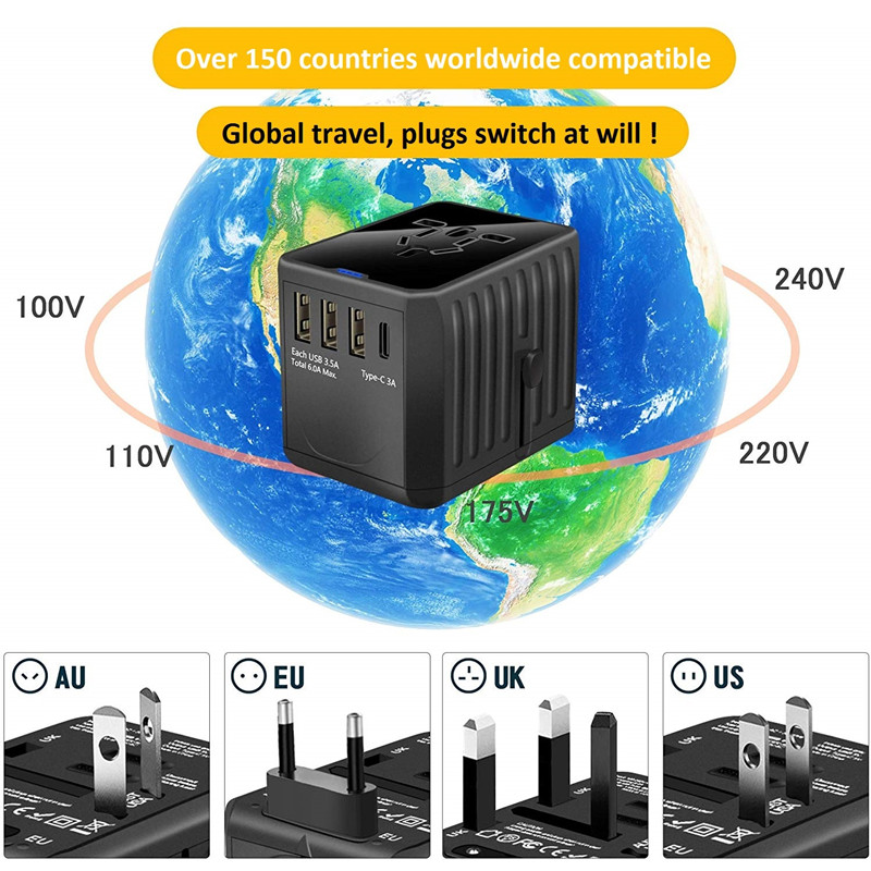 RRTRAVEL Adaptador de viaje internacional Adaptador de corriente universal en todo el mundo 4 USB con enchufe eléctrico Perfecto para Europa, EE. UU., UE, Reino Unido, AU 160 países