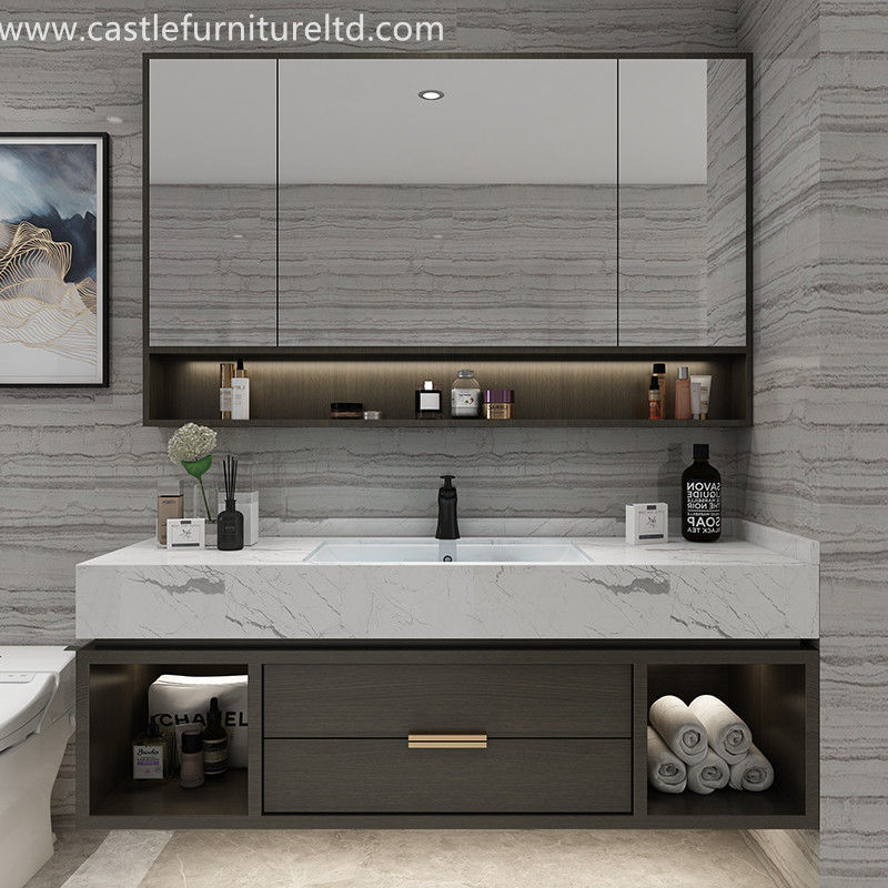Combinación de mueble de baño de roble Mueble de baño de madera maciza simple nórdico espejo de baño inteligente lavabo de baño etapa de lavabo de mármol
