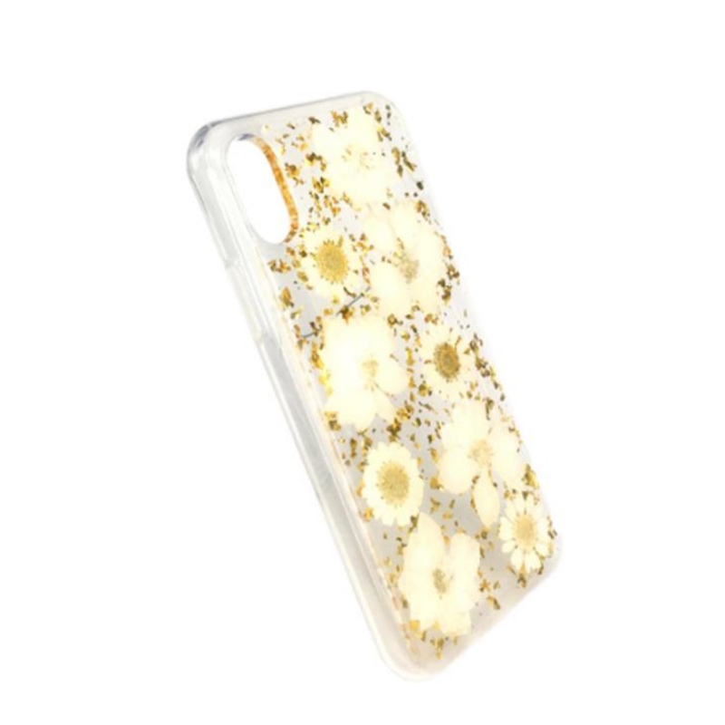 IPhone directo del fabricante con adhesivo de gota de lámina de oro verdadera flor seca flor en relieve TPU funda transparente a prueba de roturas de manzana