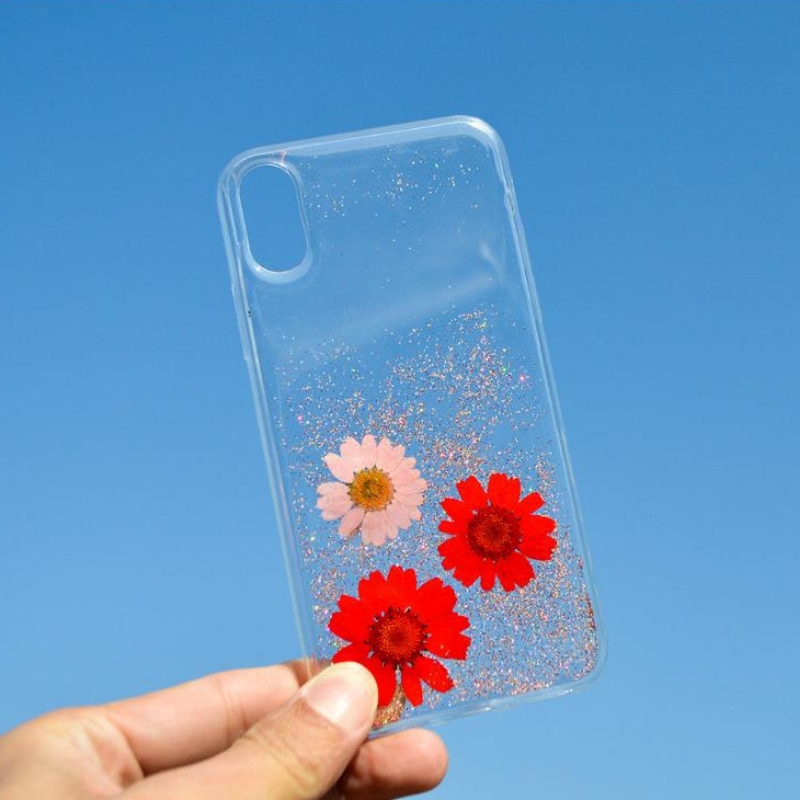 Fabricante personalizado de moda Apple iPhoneX especial verdadera flor seca en relieve pequeña caja de teléfono de flor fresca caída