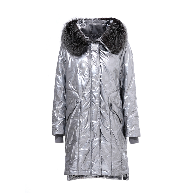 Abrigo largo cálido de tela metálica estampada con letras para mujer