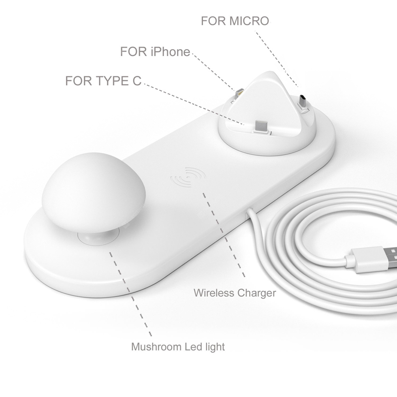 3 en 1 Base de carga inalámbrica Lámpara de grifo en forma de hongo Cargador multipuerto USB Lámpara de noche en forma de hongo - Blanco