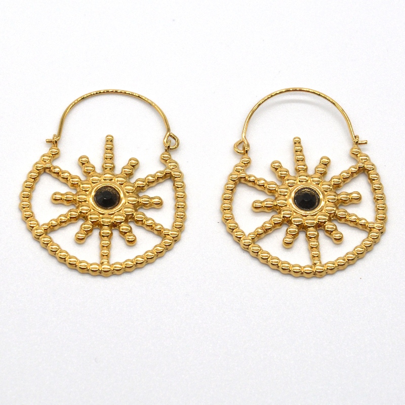 Joyería chapada en oro para mujer estilo bohemio pendientes de ágata negra floral vintage China Ruifanbao fábrica de procesamiento de joyas