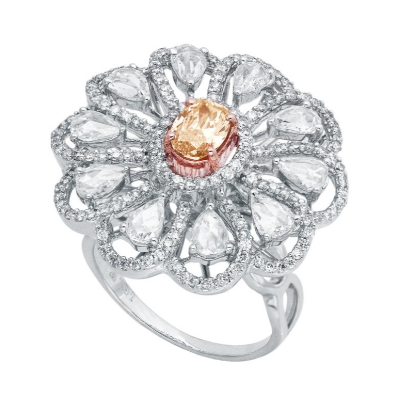 Exquisito anillo de flor de plata esterlina 925 para mujer para regalo de boda, color de acero, conjunto de garras, anillo de circón, fábrica de procesamiento de joyas de China Ruifanbao
