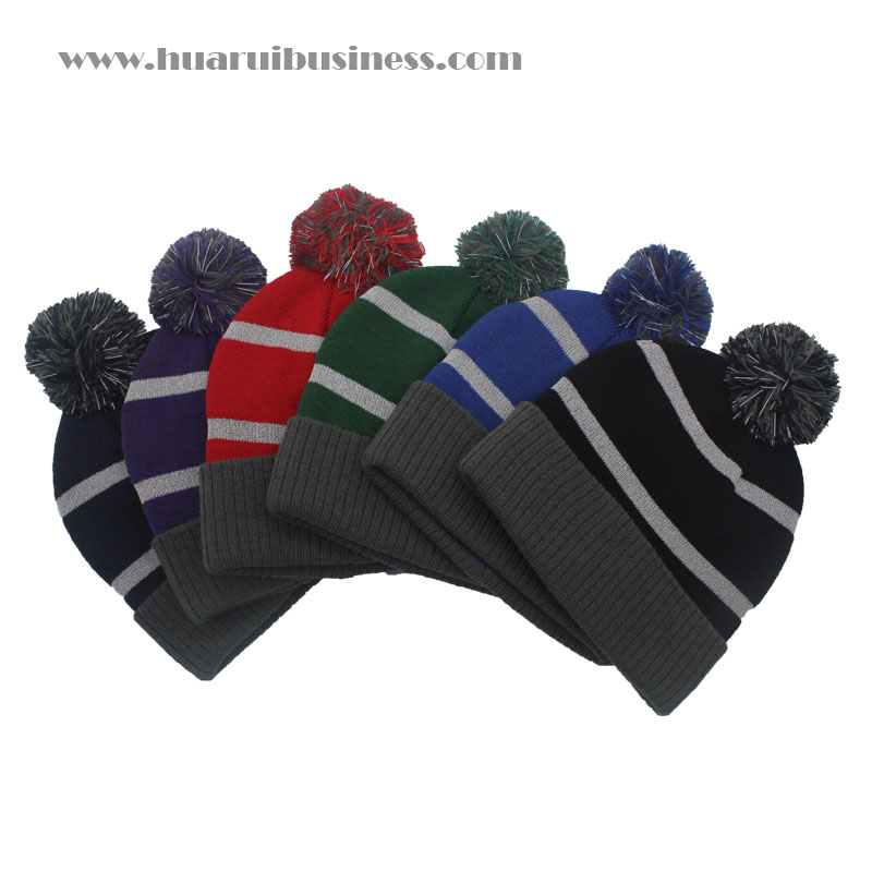 gorro de acrílico con puños, gorro, tuque, unisex, gorro de invierno con pompón con tiras reflectantes