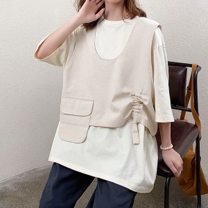 Diseño holgado Estilo minimalista de cuello redondo Estilo de manga cosida Casual Algodón y lino de color sólido de gran tamaño personalizados 19527 Camisetas + Chalecos