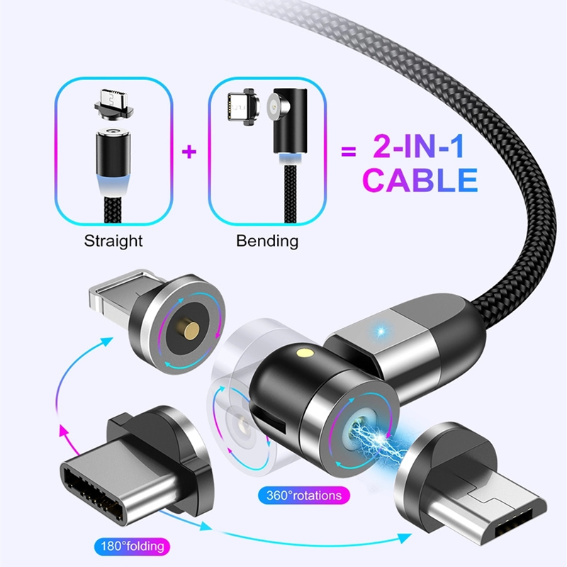 2nd Gen 540 Rotación Micro USB Tipo C Cable de carga magnético Cable denylon trenzado de carga rápida Magnético Cable USB