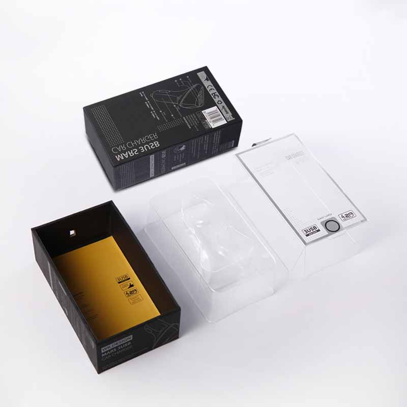 Impresión de la ventana para mascotas Cargador de coche Caja de cable USB Luxury Black USB Embalaje cajas