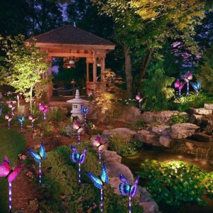 Cambio de multicolor LED Jardín Luces solares de fibra óptica mariposa luces decorativas jardín luces de estaca solar