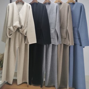 Moda casual simple suéter de lana simple dos pieza pequeña cardigan conjunto 69059#