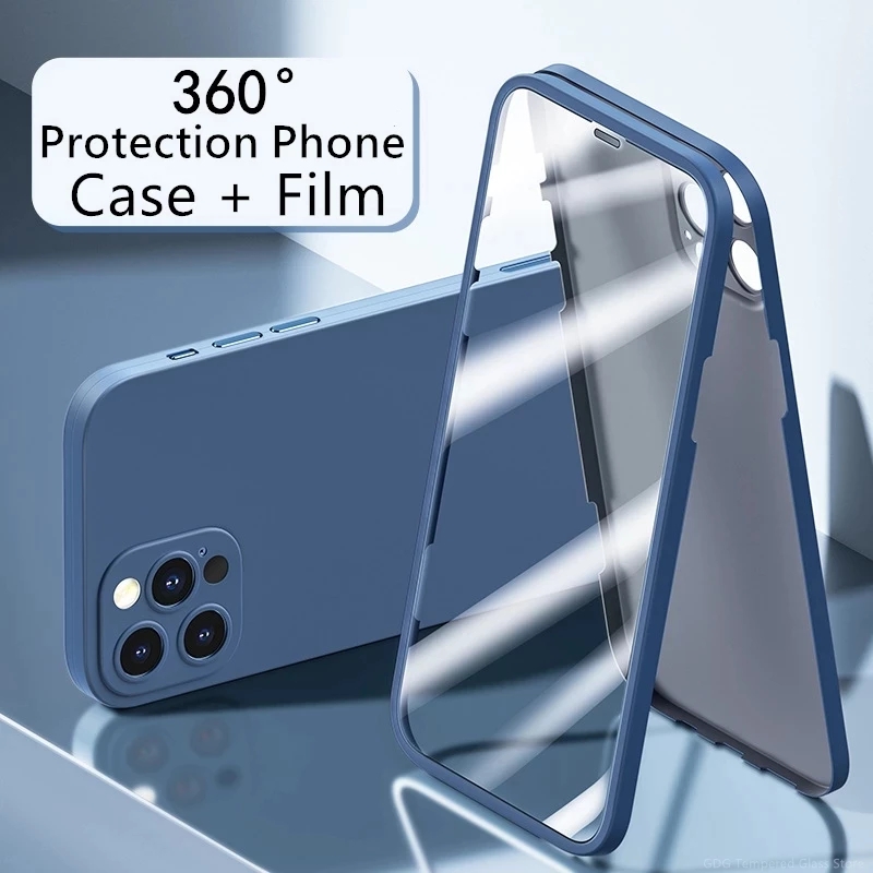 Lanueva caja de teléfono completo de 360 ​​con protector de pantalla Cubierta de pantalla integrada Película de vidrio para iPhone 12 Pro Max