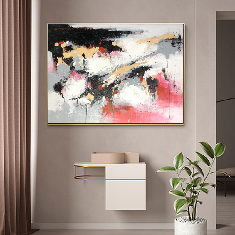 Venta caliente de gran tamaño rosa ynegro pintado a mano en lienzo pintura acrílico decoración de pared extracto ilustraciones aceite para sala de estar