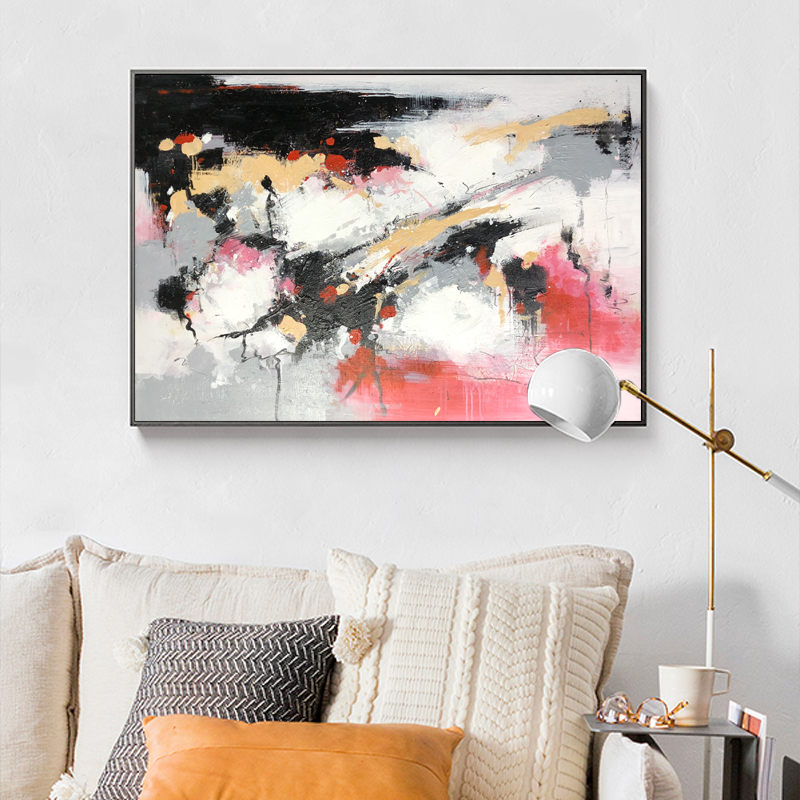 Venta caliente de gran tamaño rosa ynegro pintado a mano en lienzo pintura acrílico decoración de pared extracto ilustraciones aceite para sala de estar