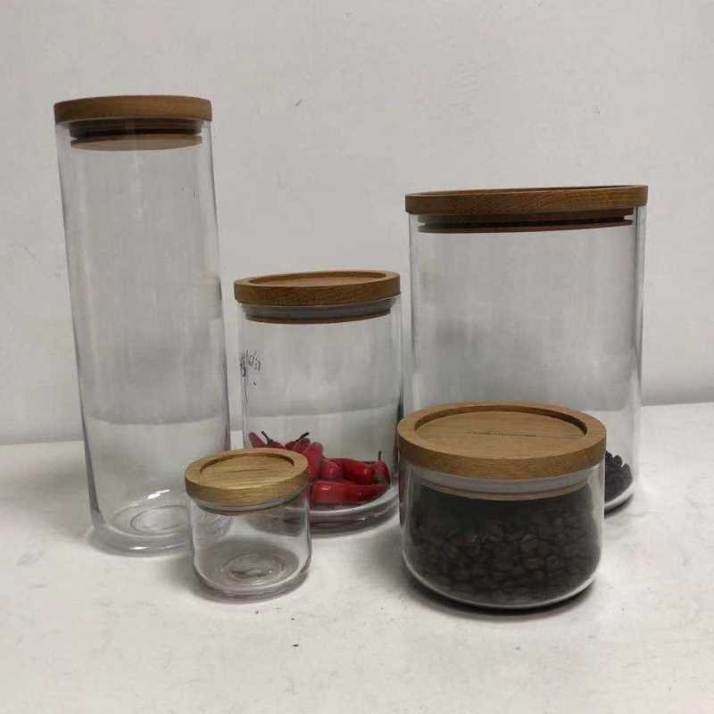 Colección de bote de almacenamiento de almacenamiento de alimentos de cristal transparente con tapa de madera hermética de aire