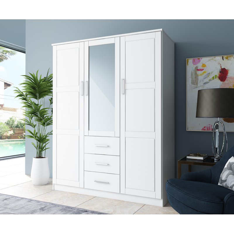 MWD22008-Solid Wood Family Wardrobe/CLOSET/CLOSET, Closet de 3 puertas con espejo y 3 cajones, blanco.