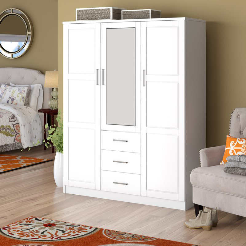 MWD22008-Solid Wood Family Wardrobe/CLOSET/CLOSET, Closet de 3 puertas con espejo y 3 cajones, blanco.