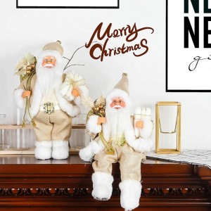 12 pulgadas sentada Golden Santa Claus Figurine con bolsa de regalo Hojas y caja con zapatos blancos Decoraciónnavideña de vacaciones