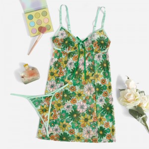 Spring Floral Cami Cami Back Bow Front Slip con sexy contraste tanga