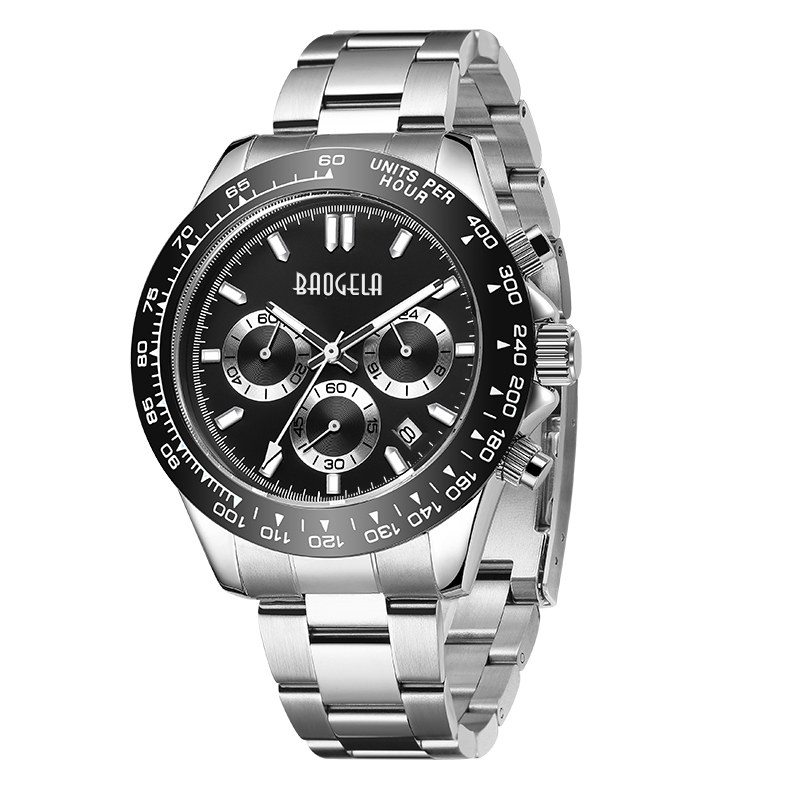 Baogela Men Watch Top Brand Luxury Sports Quartz Watches Strap de acero inoxidable CHRONOGRO PROBAGRA PROBAGRA DE MUBLICIMA 2210 NEGRO BLANCO