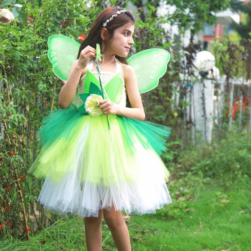 Halloween Cosplay Princesa Baby Girl Fiega Verde Fairy Tinker Bell Dress Elfo con juegos de alas de mariposa