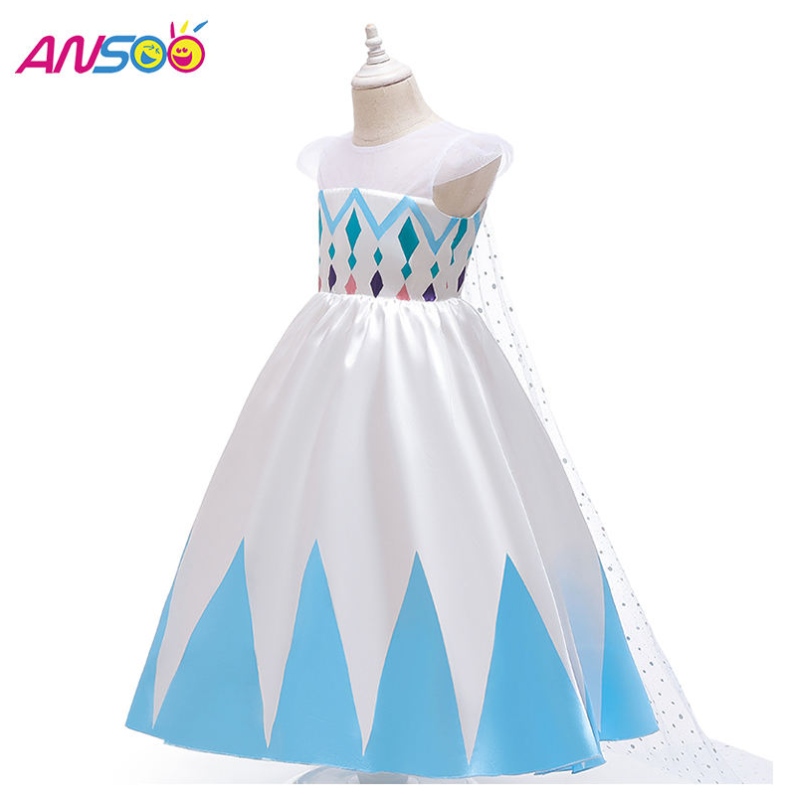 Ansoo Nuevo precio al por mayor Cartoon Elsa White Princess For Girls Dresses Halloween Disfraces paraniñas